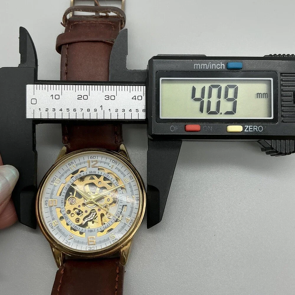 Akribos XXIV Mens Watch 41mm Skeleton Gold Tone Dial Leather Automatic Dress